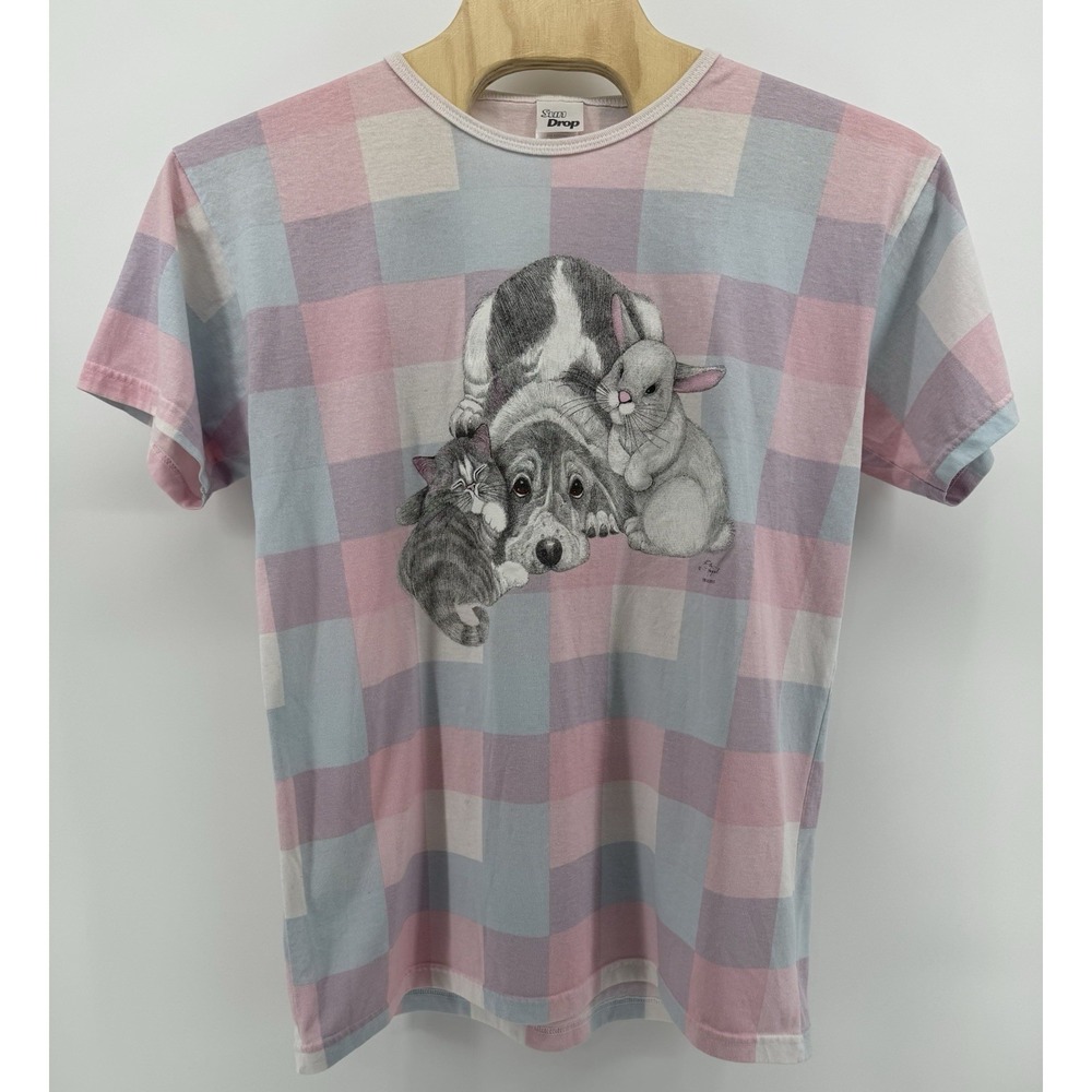 Vintage Sun Drop Animal Graphic Puppy Kitten Bunny Checkered T-Shirt Made In USA